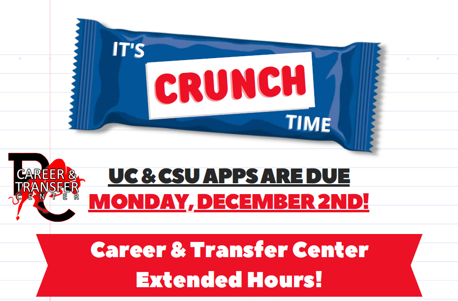 Crunch Time extended Hours in the Career & transfer Center. UC/CSU Apps are Due dec 2