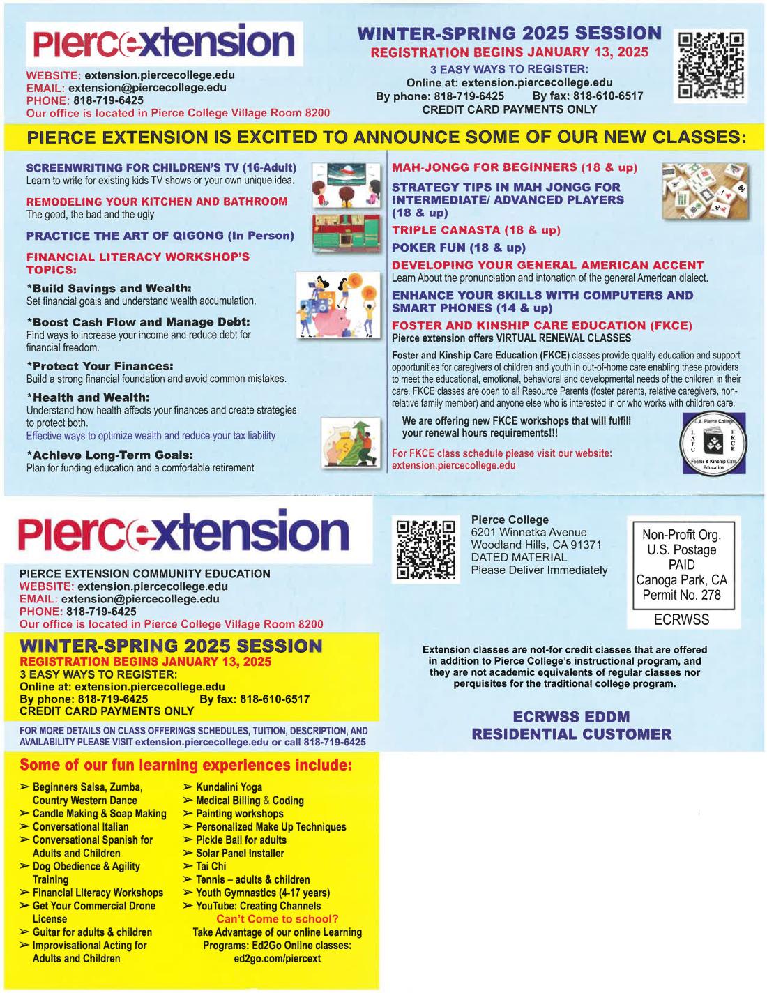 Front and back view of the postcard that Pierce Extension mailed out for marketing of the Winter Spring 2025  schedule.